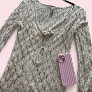 Cream crochet flared long sleeve cover up dress | Size Small/Medium